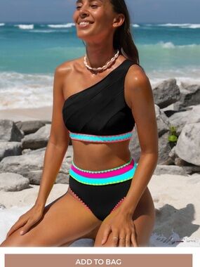 One-Shoulder Black Bikini Set with Neon Trim size Small